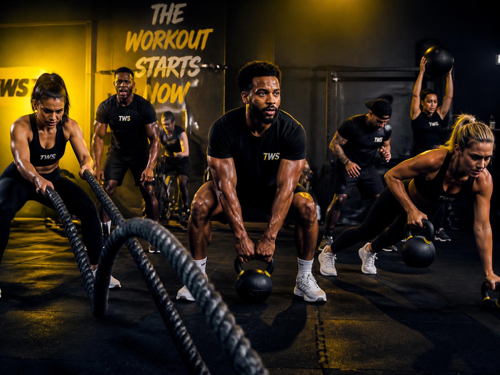 Ultimate Fitness boot camp group training session with battle ropes and kettlebells